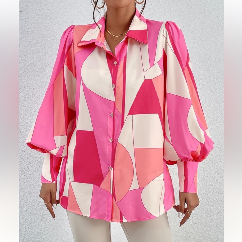 Geometric Pink Button-Up Blouse